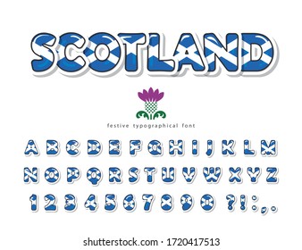 Scotland font. Scottish national flag colors. Paper cutout glossy ABC letters and numbers. Bright alphabet for tourism t-shirt, souvenir design. Vector illustration