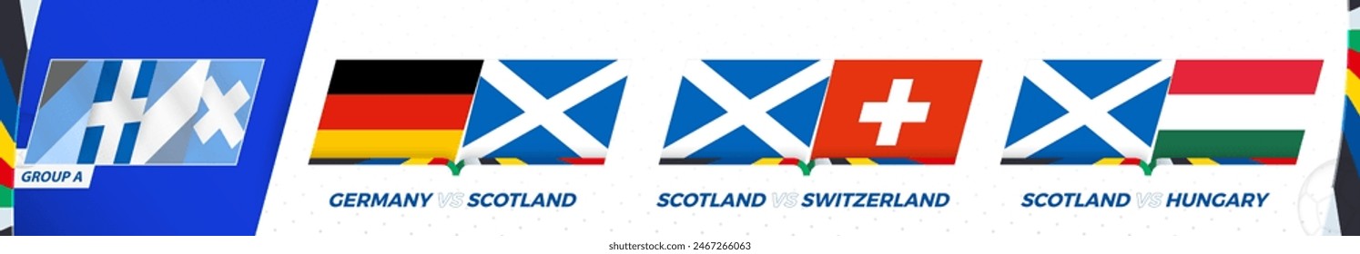 Scotland football team games in group A of International football tournament. Sport vector icon set.