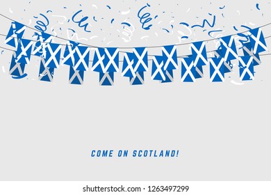 Scotland garland flag with confetti on gray background, Hang bunting for Scotland celebration template banner.