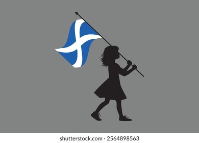 Scotland girl with flag, Flag of Scotland national country symbol illustration Vector, Rectangle Scotland flag illustration, Flat vector illustration
