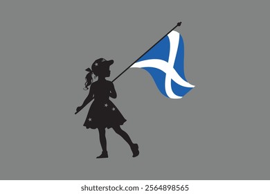 Scotland girl with flag, Flag of Scotland national country symbol illustration Vector, Rectangle Scotland flag illustration, Flat vector illustration
