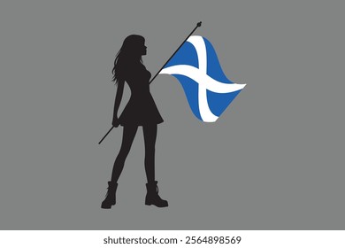 Scotland girl with flag, Flag of Scotland national country symbol illustration Vector, Rectangle Scotland flag illustration, Flat vector illustration
