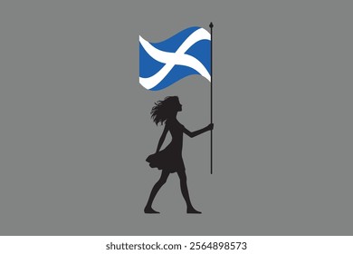 Scotland girl with flag, Flag of Scotland national country symbol illustration Vector, Rectangle Scotland flag illustration, Flat vector illustration
