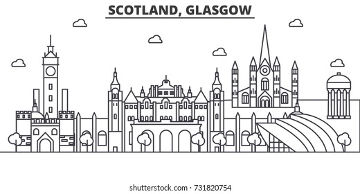 Scotland, Glasgow architecture line skyline illustration. Linear vector cityscape with famous landmarks, city sights, design icons. Landscape wtih editable strokes