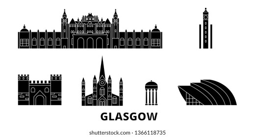 Scotland, Glasgow City flat travel skyline set. Scotland, Glasgow City black city vector illustration, symbol, travel sights, landmarks.