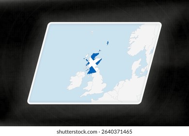 Scotland Highlighted in Flag Colors on Geographic Map. Modern Map on a dark abstract backdrop.
