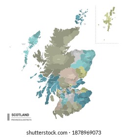 Scotland higt detailed map with subdivisions. Administrative map of Scotland with districts and cities name, colored by states and administrative districts. Vector illustration.