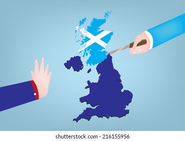 Scotland Independence From United Kingdom Concept. One Hand Cuts Map While Other Objects.
