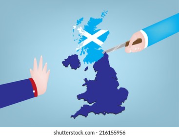 Scotland Independence from United Kingdom concept. One hand cuts map while other objects.