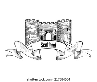 Scotland label with ribbon and copy space. Scotch famous Stirling castle sketch symbol, Stirlingshire, Scotland.