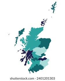 Mapa de Escocia. Mapa de Escocia en regiones administrativas en multicolor