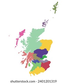 Mapa de Escocia. Mapa de Escocia en regiones administrativas en multicolor