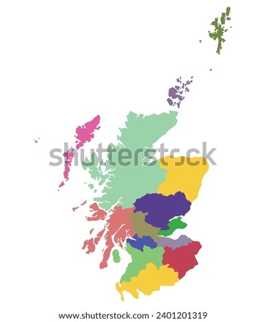 Scotland map. Map of Scotland in administrative regions in multicolor