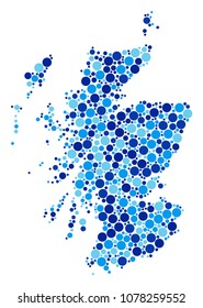 Scotland Map composition of small circles in variable sizes and blue color hues. Randomized round dots are organized into Scotland Map mosaic. Vector geography blue map vector illustration.