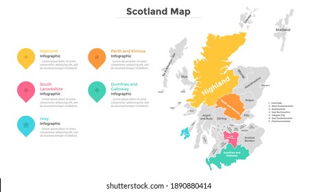 Scotland map divided into federal states. Territory of country with regional borders. Scottish administrative division. Infographic design template. Vector illustration for touristic guide, banner.