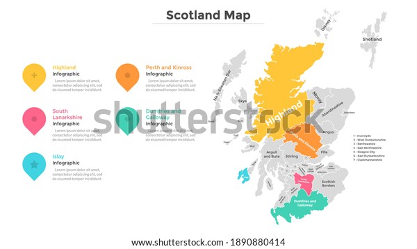 Scotland map divided into federal states.\
Territory of country with regional borders. Scottish administrative\
division. Infographic design template. Vector illustration for\
touristic guide,\
banner.