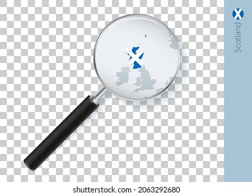 Scotland map with flag in magnifying glass on transparent background. Vector loupe with map.