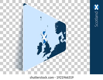 Scotland map and flag on transparent background. Highlighted Scotland on blue vector map.
