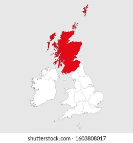 Scotland map marked red on united kingdom. Light gray background. Perfect for Business concepts, backgrounds, backdrop, chart, label, sticker, banner and wallpapers.