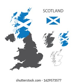 Scotland map as a part of Great Britain. Flag of Scotland. Contur map.