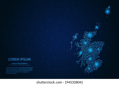 Scotland map from point blue and glowing stars on a dark background. Vector eps 10.