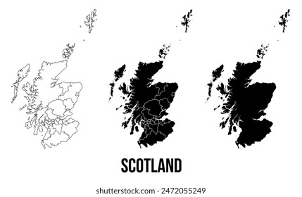 Escocia mapa de regiones distritos Vector negro sobre blanco y contorno