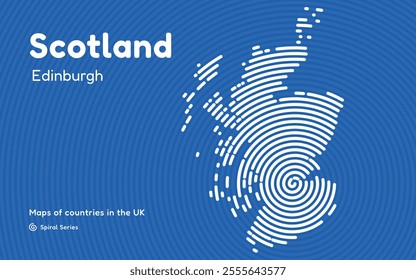 Scotland Map in Spiral Formation:  Edinburgh Takes Center Stage. Fingerprint and stripes pattern. Maps of countries in the United Kingdom
