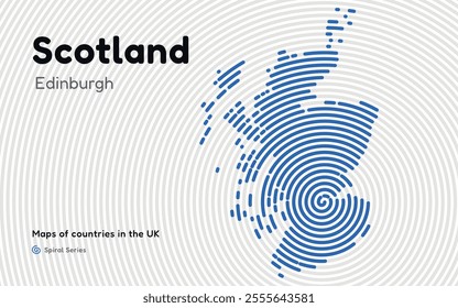 Scotland Map in Spiral Formation:  Edinburgh Takes Center Stage. Fingerprint and stripes pattern. Maps of countries in the United Kingdom
