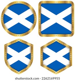 Scotland National Flag Collection Set of Circular, Square, Shield, Hexagon Gold Border Logo Button Icon Vector Design Isolated on White Background