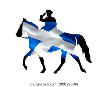 Scotland national flag pinned on stallion horse and officer silhouette