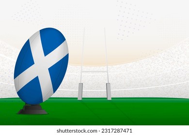 Scotland national team rugby ball on rugby stadium and goal posts, preparing for a penalty or free kick. Vector illustration.