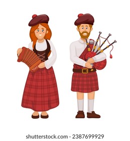 Scotland People In Uniform Playing Traditional Music Instrument Character Illustration Vector