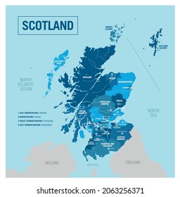 Región de Escocia, mapa político del país. Ilustración vectorial muy detallada con provincias, departamentos, regiones, condados, ciudades y estados aislados, fácil de desagrupar. 