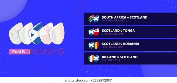 Scotland rugby national team schedule matches in group stage of international rugby competition. Vector set.