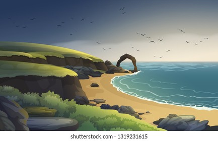 Scotland sea coast landscape vector background. Sandy beach with rocks and cliffs.