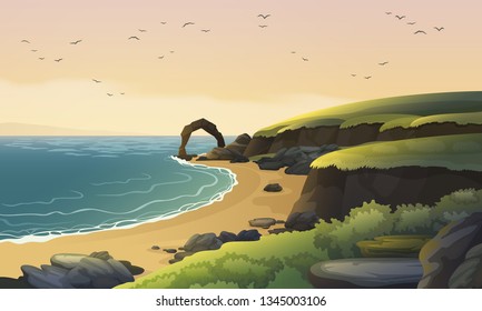 Scotland sea coast landscape vector background. Sandy beach with rocks and cliffs.