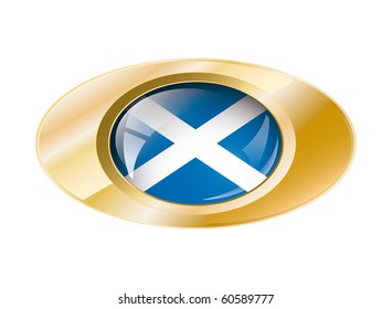 Scotland shiny button flag with golden ring vector illustration. Isolated abstract object against white background.