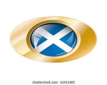 Scotland shiny button flag vector illustration. Isolated abstract object on metal background.