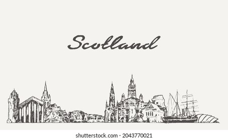 Scotland skyline, United Kingdom, hand drawn vector illustration, sketch