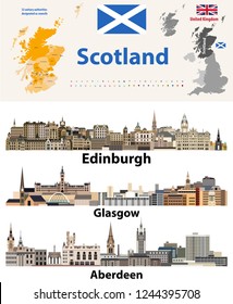 Scotland subdivisions (unitary authorities) map and Scottish largest cities skylines. All elements separated in editable and detachable layers. Vector set