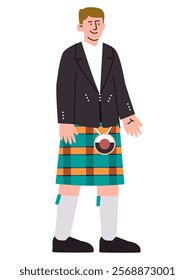 Scotland traditional attire Scottish man wearing Kilt skirt clothes tradition cultural heritage European people smiling face colorful character design