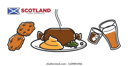 Scotland travel destination promo poster with national cuisine