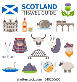 Scotland travel icons set with culture and traditions symbols flat isolated vector illustration 