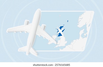 Scotland Travel Illustration with Plane and National Flag. Ideal for travel agencies, promotional materials, or geographic content related to Scotland.