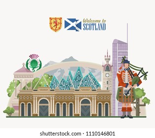 Scotland travel vector in modern style. Scottish landscapes