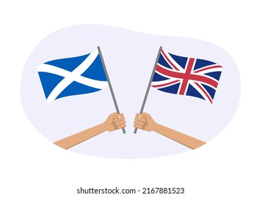 Scotland and UK flags. British and Scottish symbols. Hand holding waving flag. Vector illustration.