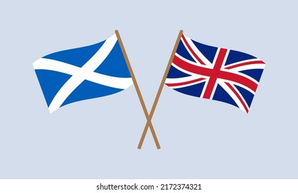 Scotland and UK flags. British and Scottish symbols. Hand holding waving flag. Vector illustration.