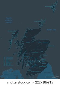 Scotland, UK map. High detailed map of Scotland with countries, borders, cities, water objects. Vector illustration eps10.