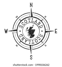 Escocia, Reino Unido Stamp Map Compass Adventure. Ilustración Símbolo de país de viaje. Icono de la rosa del viento de la Expedición de sello.