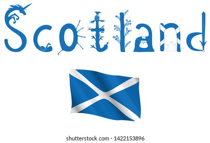 Scotland Vector Blue Lettering On White Background. Handrawn Letters As Symbols Of Unicorn, Loch Ness Monster, Bagpipe, Thistle, Heath, Kilt, Ben Nevis Mountain, Scottish Flag, Sword. T-shirt Print.